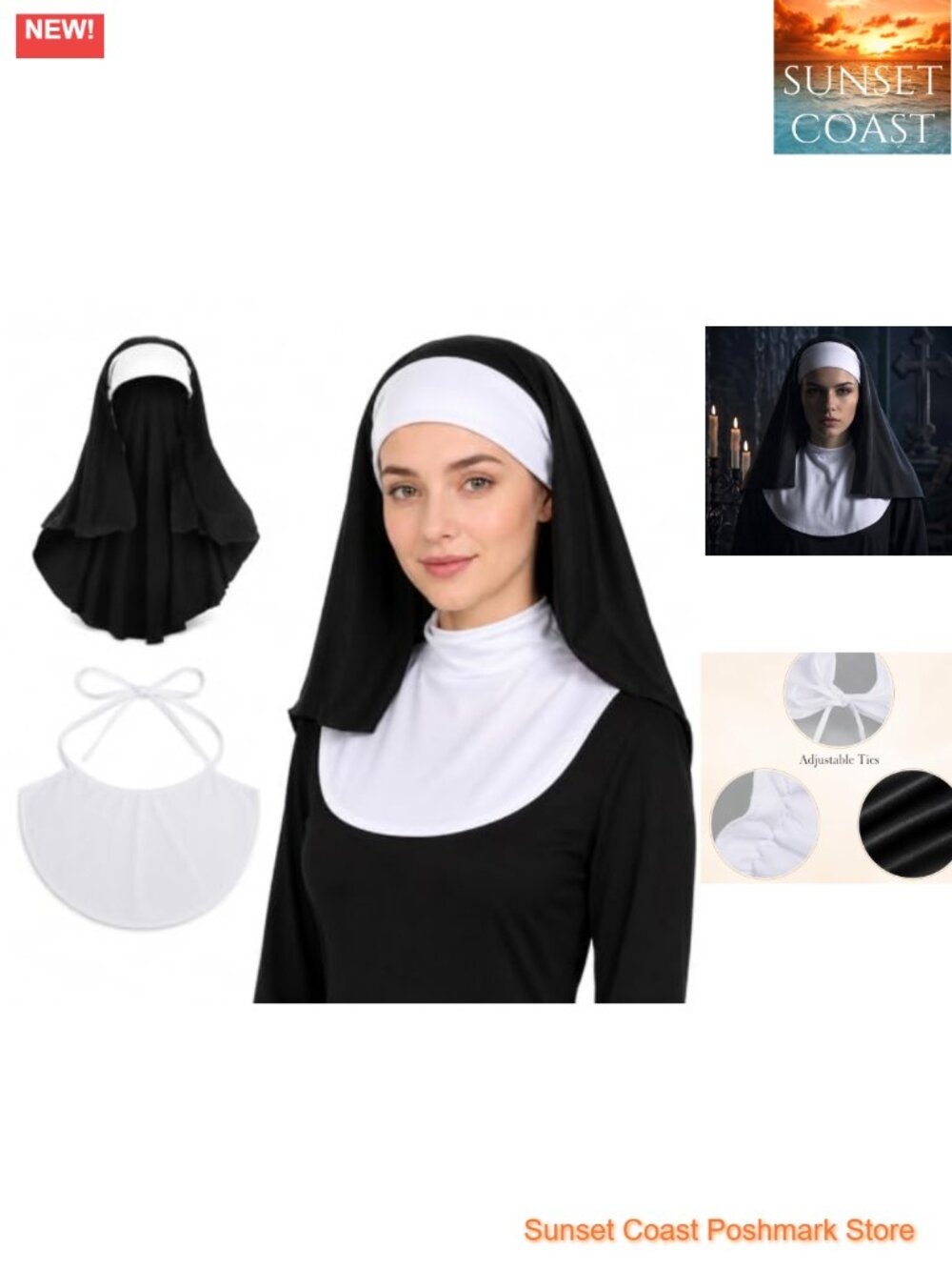Nun Habit Hat & Collar Set Costume Headpiece for Women Halloween